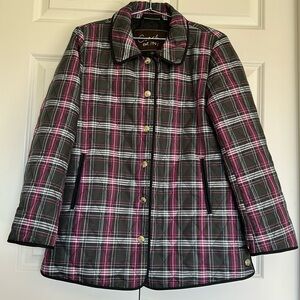 Coach jacket snap front plaid quilted gray pink turquoise coach signature lined
